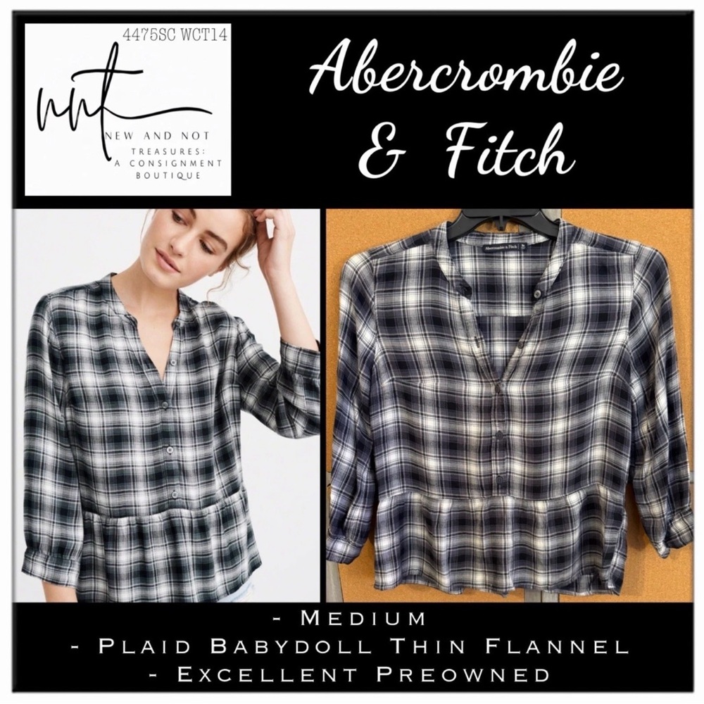 Abercrombie & Fitch Blk/White Plaid Babydoll Top Medium Soft Thin Flannel Peplum